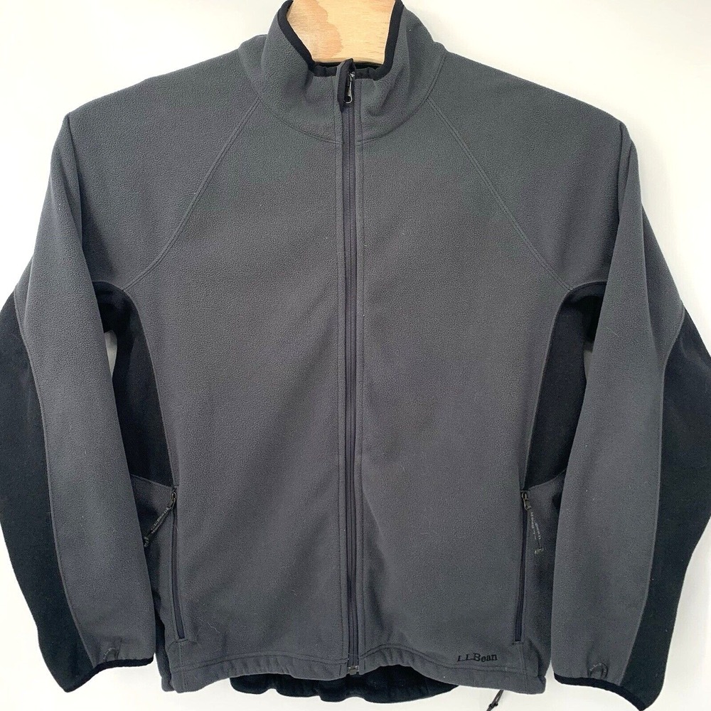 L.L.Bean Fleece Jacket Mens L Gray Black Full Zip Mock Neck Raglan OCFA2